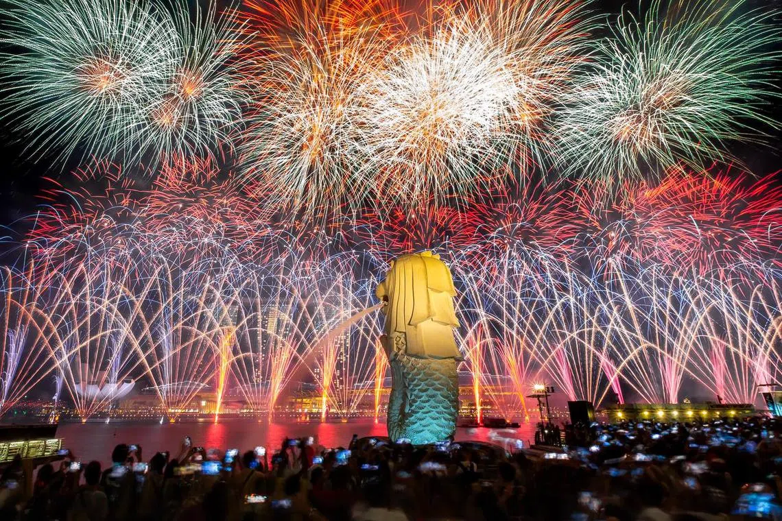 The fireworks display as seen from Merlion Park on Aug 9, 2023.