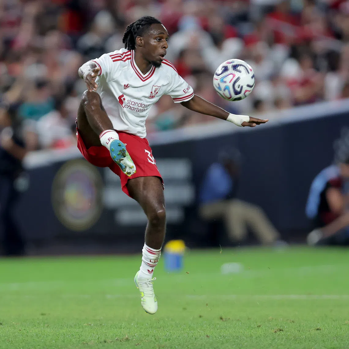 Jul 29, 2026; New York, New York, USA; Liverpool FC defender Jeremie Frimpong (30) plays the ball against Wrexham AFC during the second half at Yankee Stadium. Mandatory Credit: Brad Penner-Imagn Images
