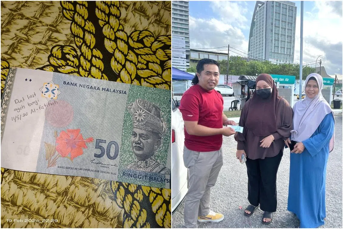 Mr Azfarul Zainol (left) said the message written on the note by Ms Nur Hidayah Mohamad (centre) had left him moved as she had to use it despite its sentimental value.