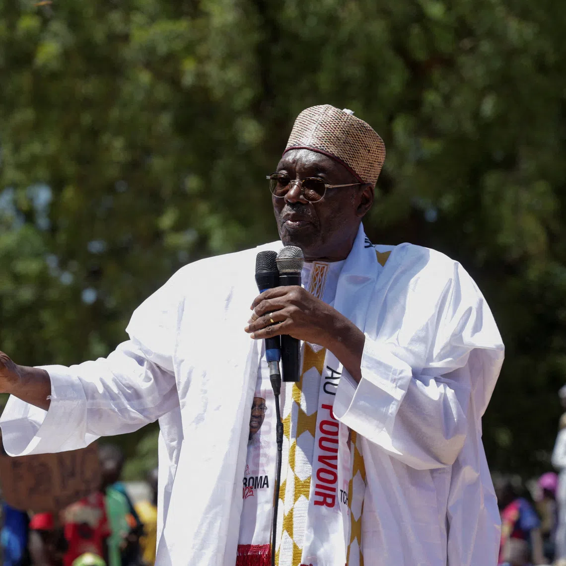 FILE PHOTO: Issa Tchiroma Bakary of the Cameroon National Salvation Front (FSNC) speaks during the launch of his presidential election campaign in Yagoua, Cameroon September 30, 2025. REUTERS/Desire Danga Essigue/File Photo