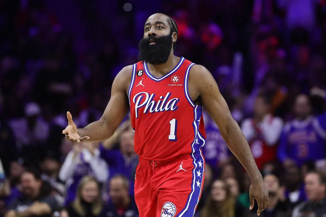 Philadelphia 76ers guard James Harden's heroics included a three-point play, a jumper and four free throws.