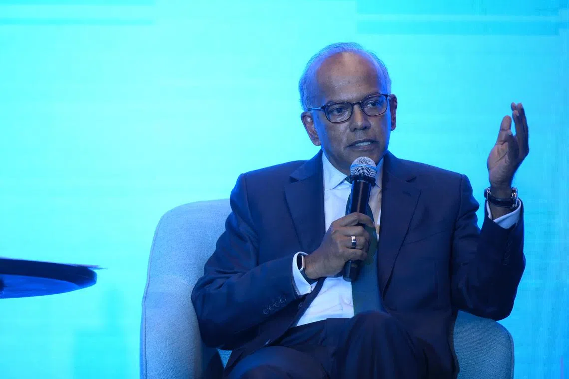 K Shanmugam, the Minister of Law? and Minister of Home Affairs speaks during a fireside chat at the conference held in conjunction with Singapore International Commercial Court?s (SICC) 10th anniversary at Parkroyal Collection Marina Bay on Jan 14, 2024.