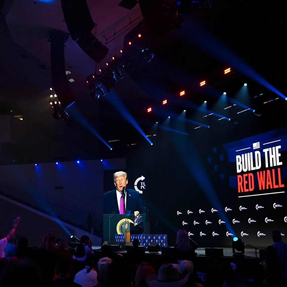 US President Donald Trump speaks at a Turning Point USA event at Dream City Church in Phoenix on April 17.