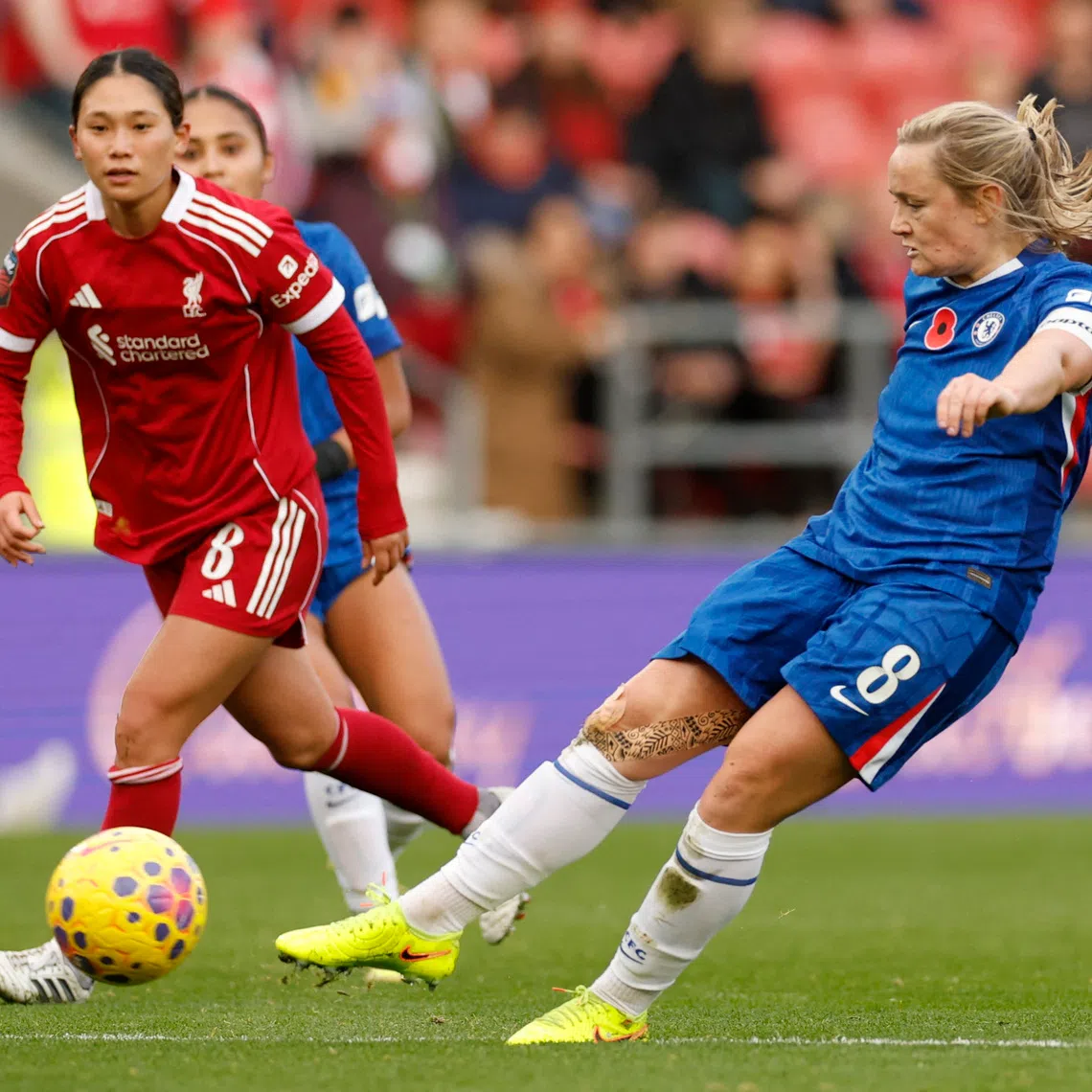 Soccer Football - Women's Super League - Liverpool v Chelsea - Brewdog Stadium, St. Helens, Britain - November 16, 2025 Chelsea's Erin Cuthbert shoots at goal Action Images via Reuters/Jason Cairnduff