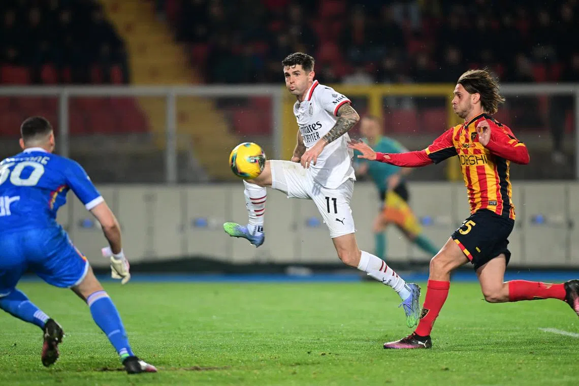 Soccer Football - Serie A - Lecce v AC Milan - Stadio Via del mare, Lecce, Italy - March 8, 2025 AC Milan's Christian Pulisic scores their third goal REUTERS/Daniele Mascolo
