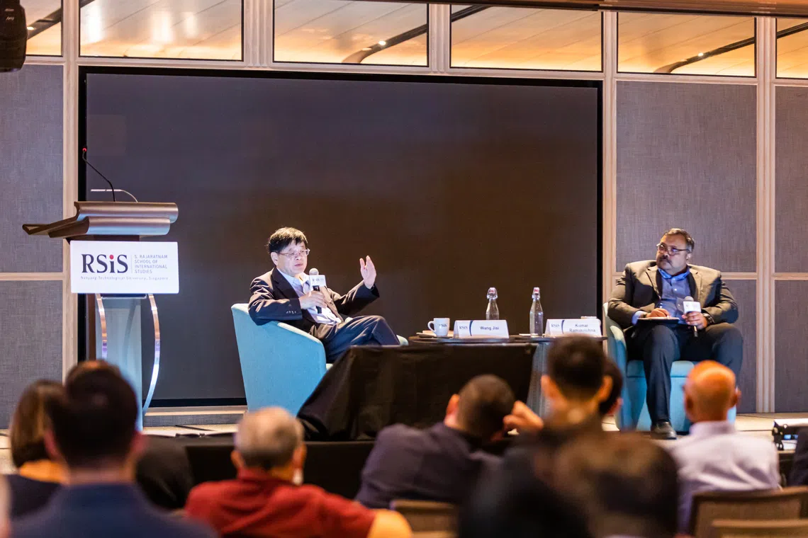 Professor Wang Jisi (left) with dean of S. Rajaratnam School of International Studies (RSIS) Kumar Ramakrishna at the Parkroyal Collection Marina Bay on Thursday.
