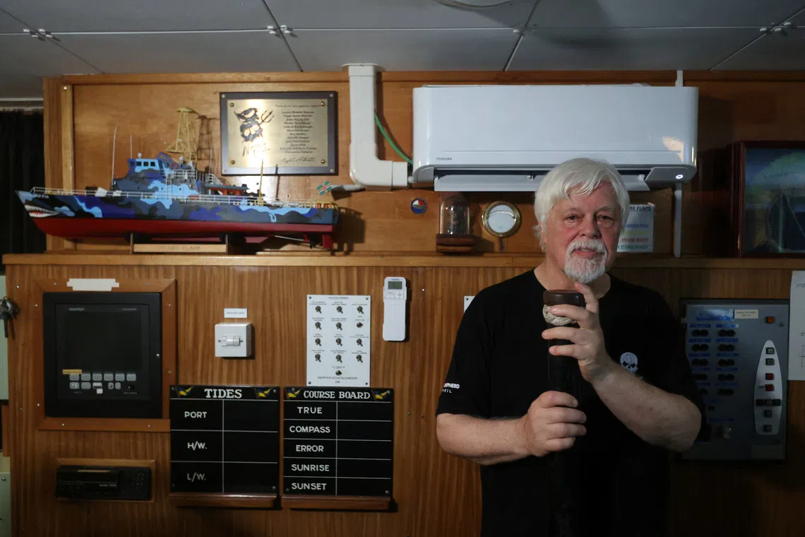 Anti-whaling activist Paul Watson, founder of the Sea Shepherd Conservation Society and the Captain Paul Watson Foundation, attends an interview with Reuters onboard his ship, while he attends the U.N. Climate Change Conference (COP30) in Belem, Brazil November 12, 2025. REUTERS/Anderson Coelho