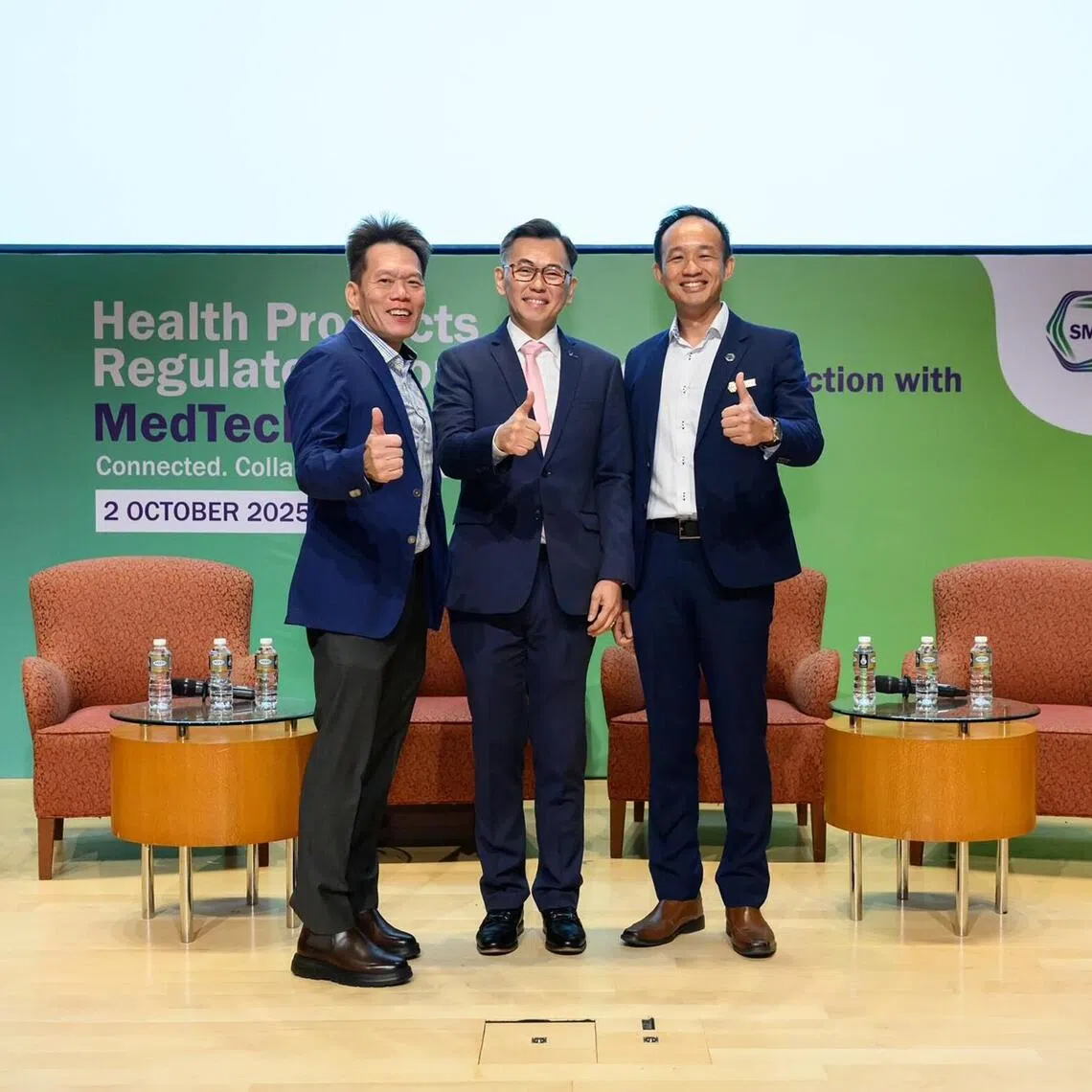 (From left) Singapore Manufacturing Federation (SMF) CEO Dennis Mark, Health Sciences Authority CEO Raymond Chua and SMF Medical Technology Industry Group Chairman Eugene Yoo at an Oct 2 conference.