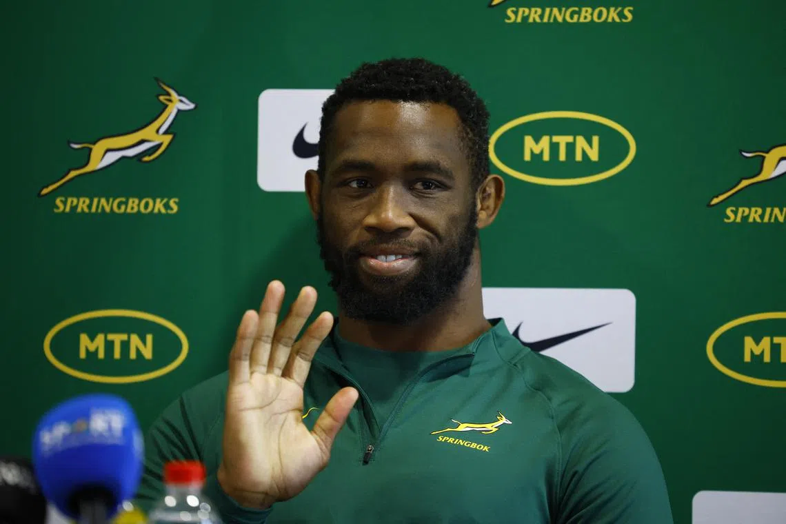 FILE PHOTO: Rugby Union - Autumn Internationals - South Africa Press Conference - Lensbury, London, Britain - November 15, 2024  South Africa's Siya Kolisi during the press conference Action Images via Reuters/John Sibley/File Photo