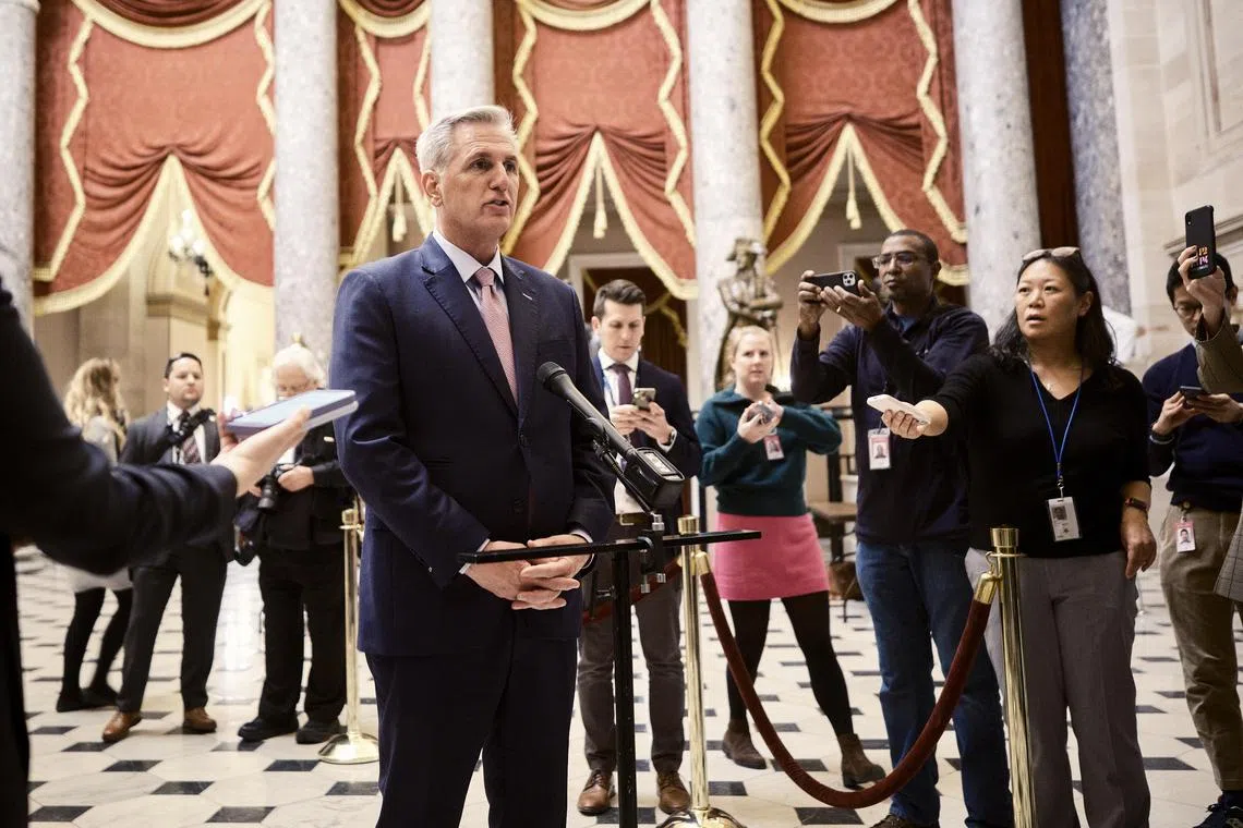 Rep. Kevin McCarthy (R-Calif.) speaks to members of the press after the 13th vote to elect a Speaker of the House failed, on Capitol Hill in Washington on Friday, Jan. 6, 2023. McCarthy won over a bloc of right-wing holdouts in his quest to become speaker on Friday, finally gaining momentum on 12th and 13th votes but still falling short of winning the post. (T.J. Kirkpatrick/The New York Times)