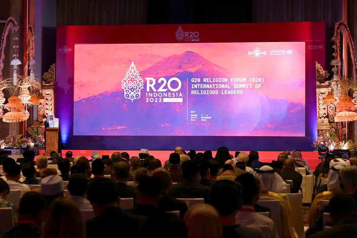 Muslim World League Secretary General Muhammad bin Abdul Karim Al-Issa speaks at the G-20 Religion Forum Summit of Religious Leaders in Bali on Nov 2, 2022.