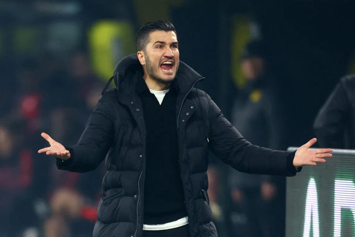 FILE PHOTO: Soccer Football - Bundesliga - Borussia Dortmund v Bayern Munich - Signal Iduna Park, Dortmund, Germany - November 30, 2024 Borussia Dortmund coach Nuri Sahin reacts during the match REUTERS/Leon Kuegeler/File Photo