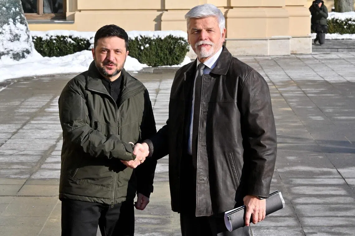 Ukrainian President Volodymyr Zelensky (left) welcoming Czech counterpart Petr Pavel  to Kyiv on Jan 16.