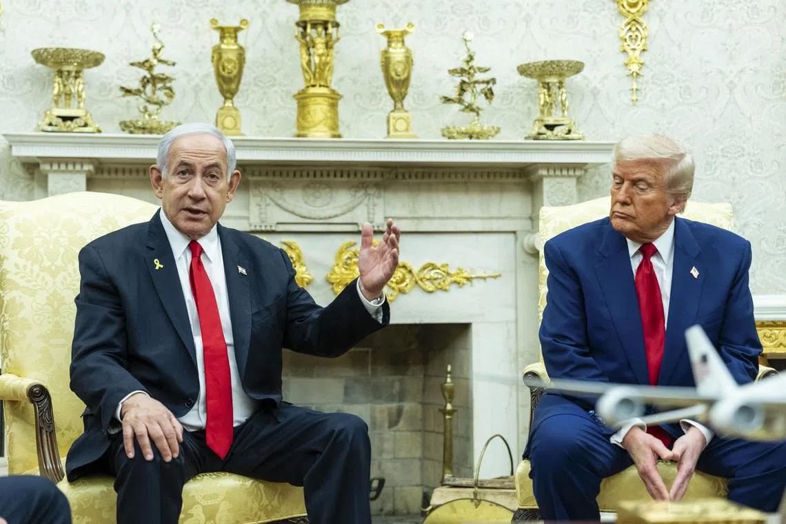 Israel’s Prime Minister Benjamin Netanyahu (left) visiting with US President Donald Trump in the Oval Office at the White House in Washington on April 7. The two are due to meet again on July 7.  