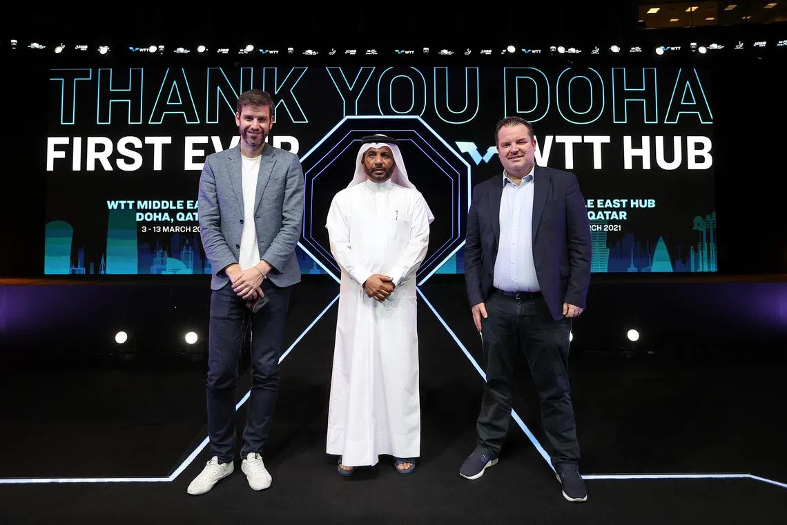 (From left) World Table Tennis directors Matt Pound, Khalil Al-Mohanndi, who is also Qatar Table Tennis Association president, and Steve Dainton, who is also International Table Tennis Federation's chief executive. The trio were at the WTT Qatar hub where two WTT events were held in March 2021.