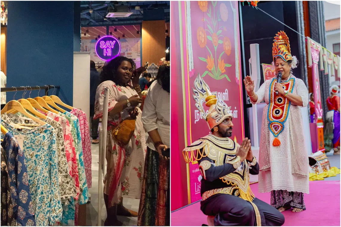 (From left) Shoppers at the 2025 edition of the Indian Inks Deepavali Pop-up at Lyf @ Farrer Park, performers on Campbell Lane during the Indian Heritage Centre’s Deepavali Open House.