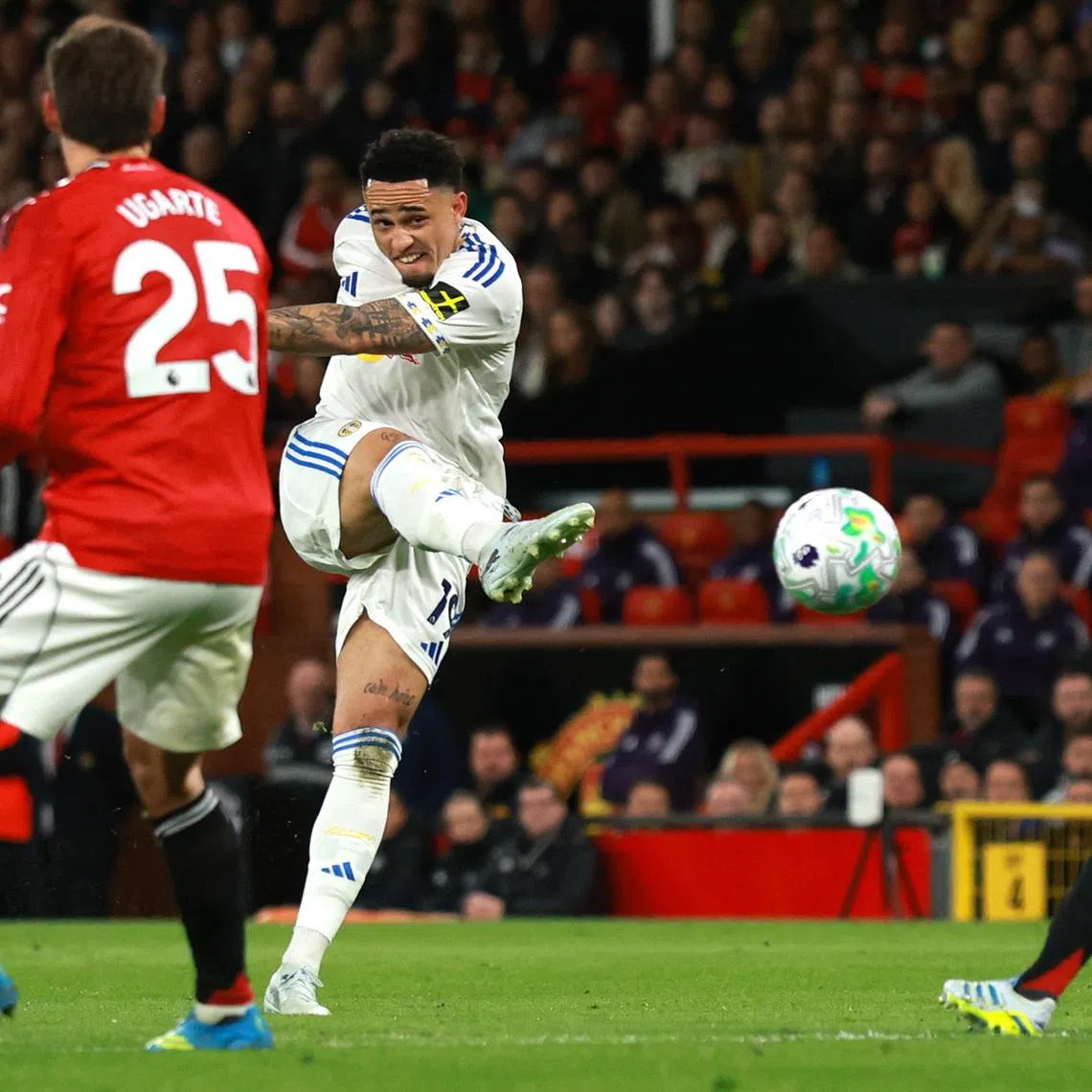 Leeds United's Noah Okafor scores their second goal against Manchester United at Old Trafford, Manchester, Britain.