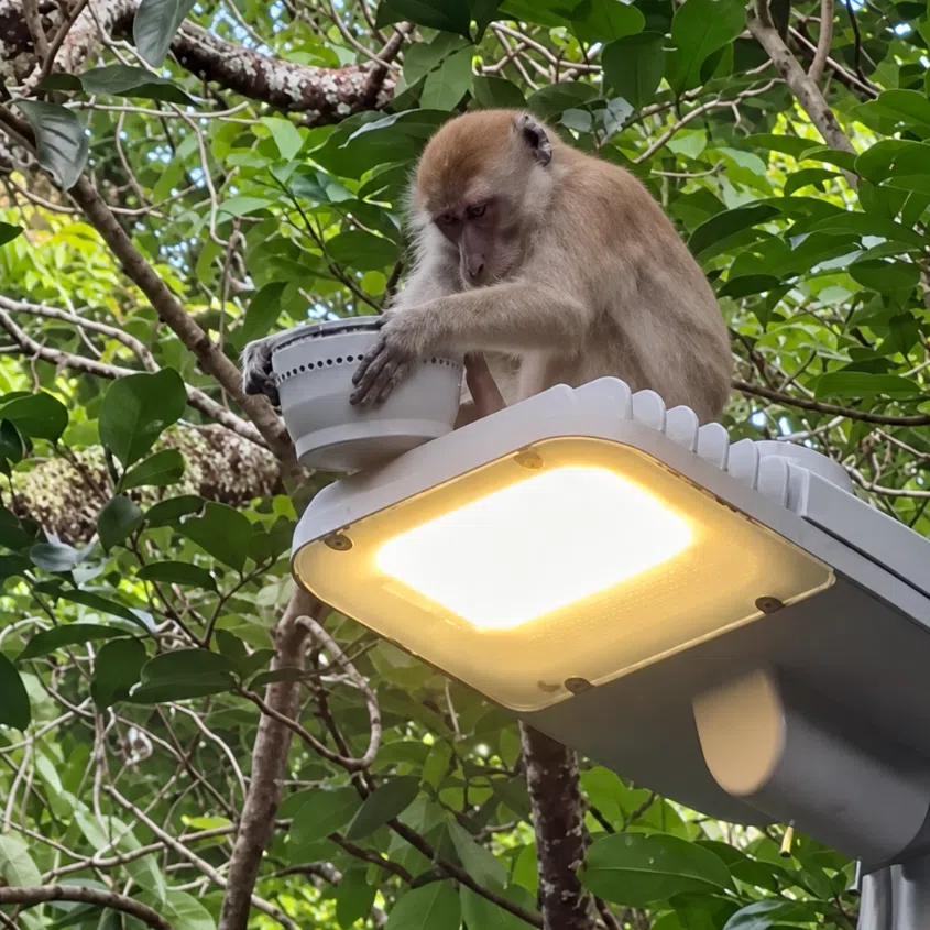 The macaques were spotted twisting cylindrical fittings and carrying some away for further “inspection”.