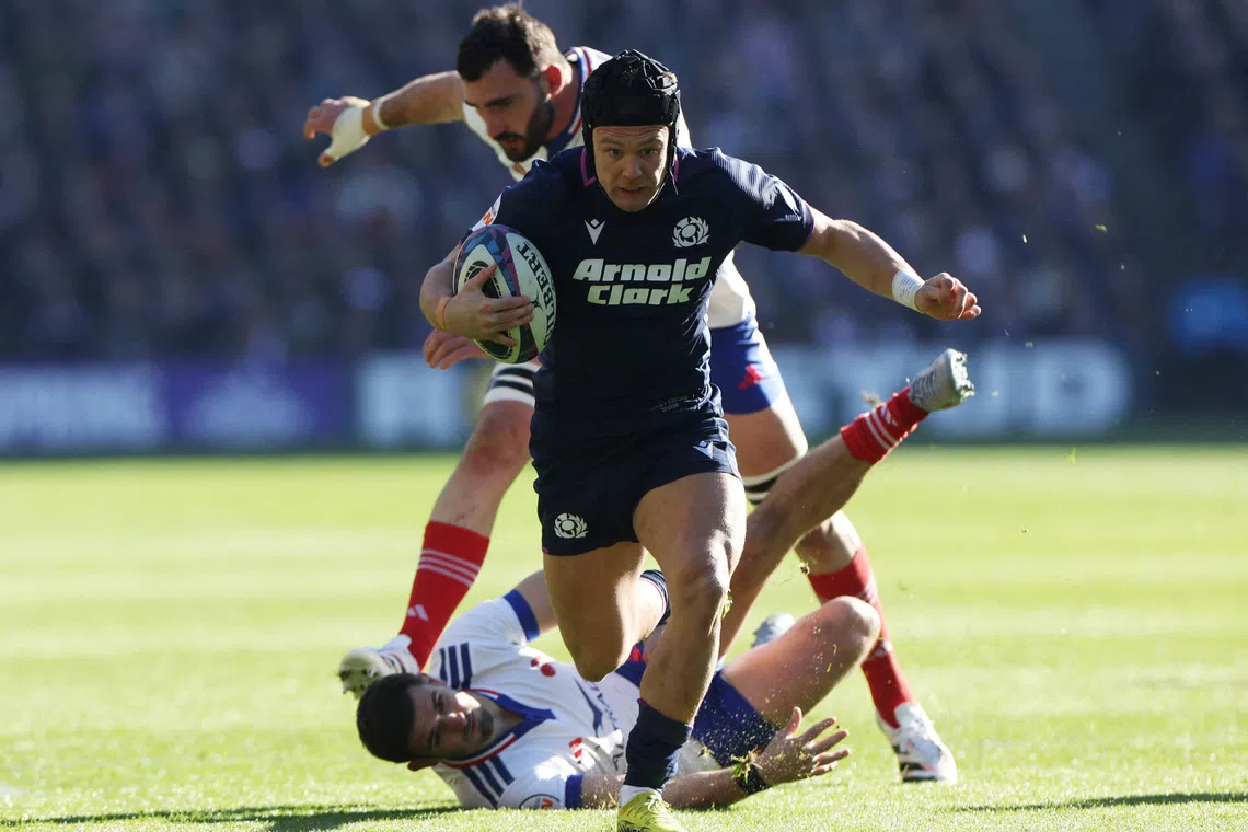 FILE PHOTO: Rugby Union - Six Nations Championship - Scotland v France - Murrayfield Stadium, Edinburgh, Scotland, Britain - March 7, 2026 Scotland's Darcy Graham scores their first try REUTERS/Russell Cheyne/File Photo