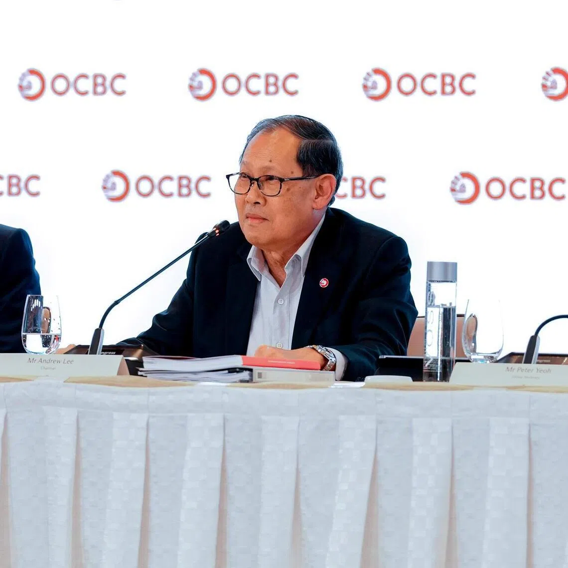 OCBC group CEO Tan Teck Long (left) and chairman Andrew Lee at the bank’s annual general meeting on April 16.