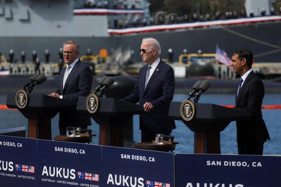 (From left) Australian Prime Minister Anthony Albanese, US President Joe Biden and British Prime Minister Rishi Sunak deliver remarks on the Aukus partnership, after a trilateral meeting in the US, in March 2023.