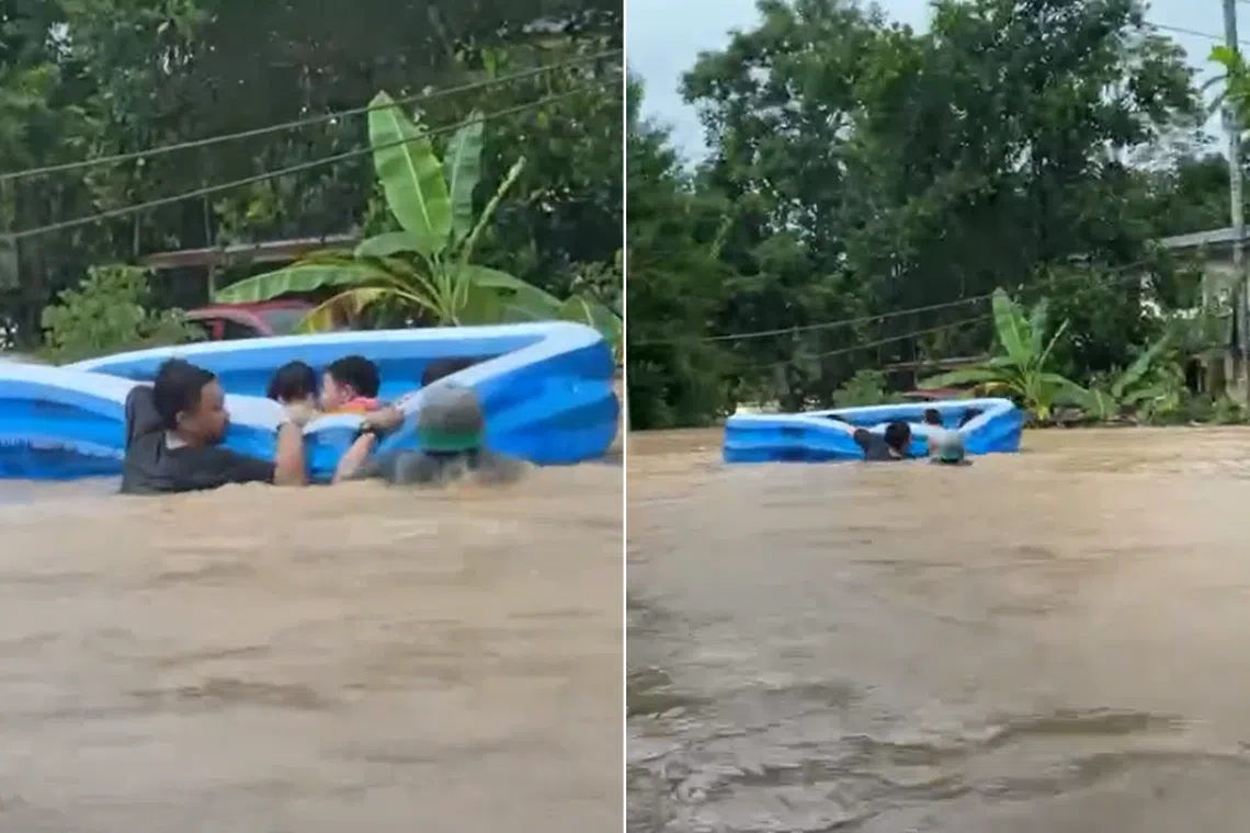 Six children were ferried to a neighbour's house on higher ground using the inflatable pool.