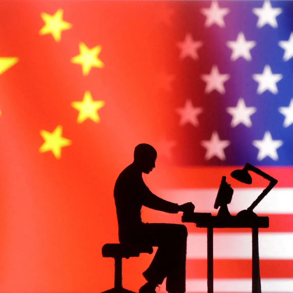 Figurines with computers are seen in front of USA and Chinese flags in this illustration created on September 10, 2022. REUTERS/Dado Ruvic/Illustration