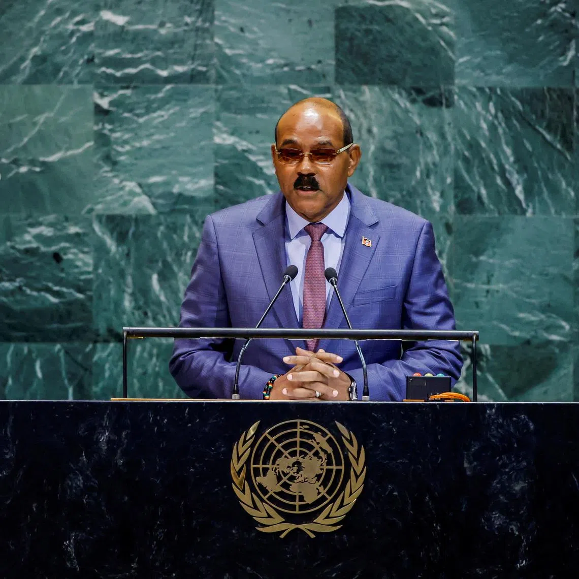 FILE PHOTO: Antigua and Barbuda’s Prime Minister Gaston Browne addresses the 80th United Nations General Assembly at U.N. headquarters in New York, U.S., September 26, 2025. REUTERS/Eduardo Munoz/File Photo