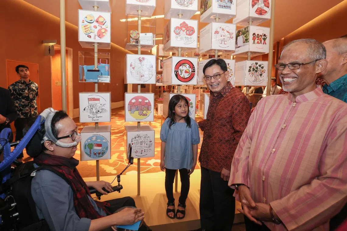 CMG20230501-LynnetteT01/卓祾祎/胡洁梅/SG Enable's 10th Anniversary Dinner with DPM Heng Swee Keat [	Level 3, Cassia Ballroom, Marina Bay Sands 10 Bayfront Avenue, Singapore 018956] EMBARAGOED TILL 5 MAY, 6PM. SG Enable, the focal agency for disability and inclusion in Singapore, enables persons with disabilities to live, learn, work, and play in an inclusive society. Themed “Celebrate. Collaborate. Champion”, the 10th Anniversary Dinner celebrates the milestones Singapore has made in disability inclusion and honours partners for their contributions. DPM Heng Swee Keat, Minister Masagos and SPM Eric Chua touring the 'Our Gift to Singapore’ exhibition that showcases artworks by persons with disabilities featured in National Day Parade 2020-2022.