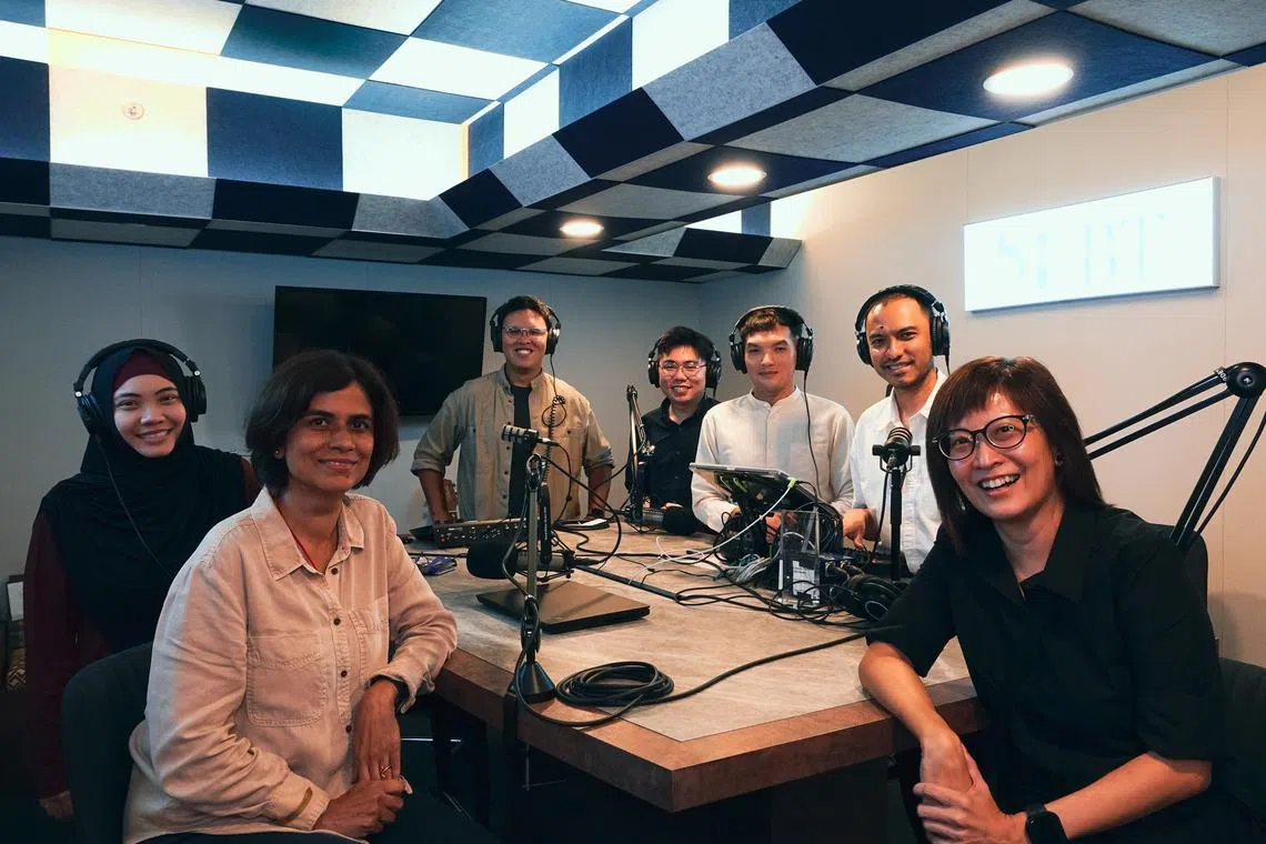 ST's foreign editor, Bhagyashree Garekar (second from left) and senior health correspondent, Joyce Teo (far right) with the ST Podcast Team's podcast producers (from left) Fa'izah Sani, Hadyu Rahim, Eden Soh, Teo Tong Kai and podcast editor, Ernest Luis.