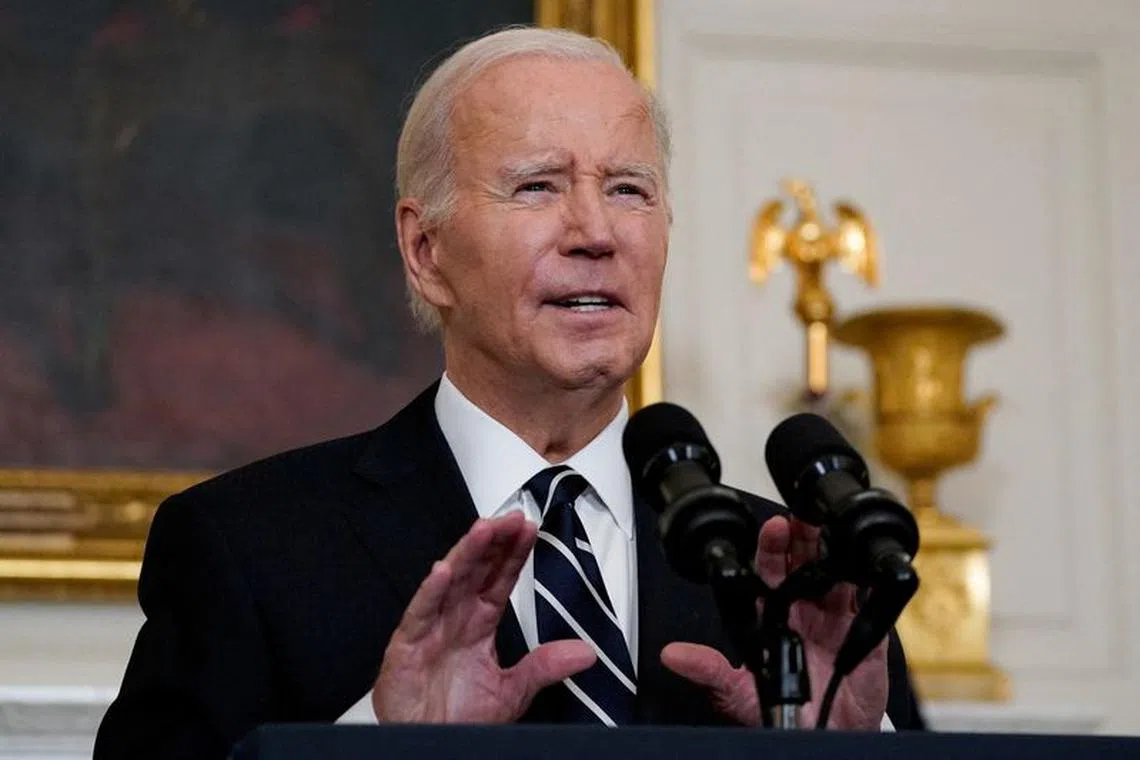 US President Joe Biden speaks about the conflict in Israel, after Hamas launched its biggest attack in decades, while making a statement about the crisis, at the White House in Washington, U.S. October 7, 2023. REUTERS/Elizabeth Frantz/File Photo