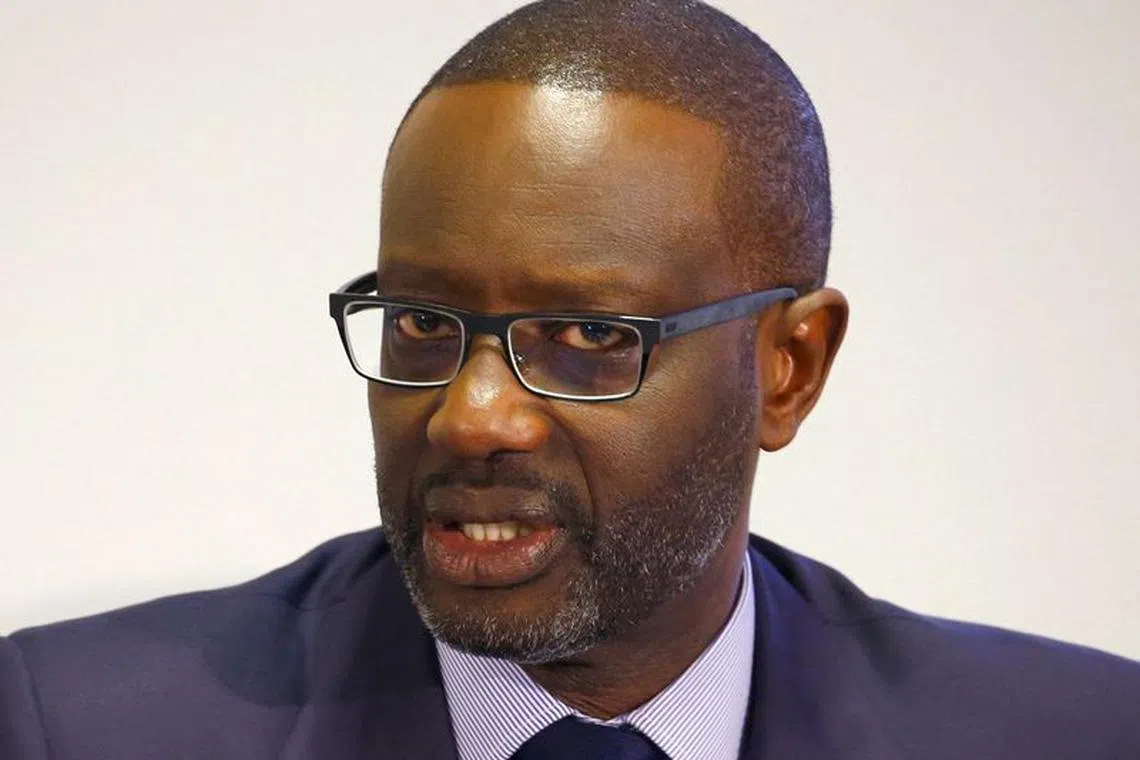 FILE PHOTO: Tidjane Thiam, when CEO of Swiss bank Credit Suisse, addresses the company's annual news conference in Zurich, Switzerland February 14, 2019.  REUTERS/Arnd Wiegmann/File Photo