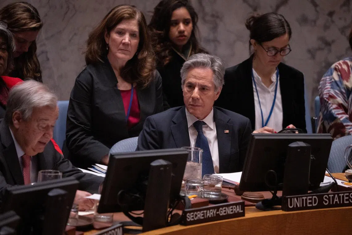 U.S. Secretary of State Antony Blinken speaks during a meeting of the United Nations Security Council on AI at U.N. headquarters in New York City, U.S., in New York City, U.S., December 19, 2024. REUTERS/Jeenah Moon/File Photo