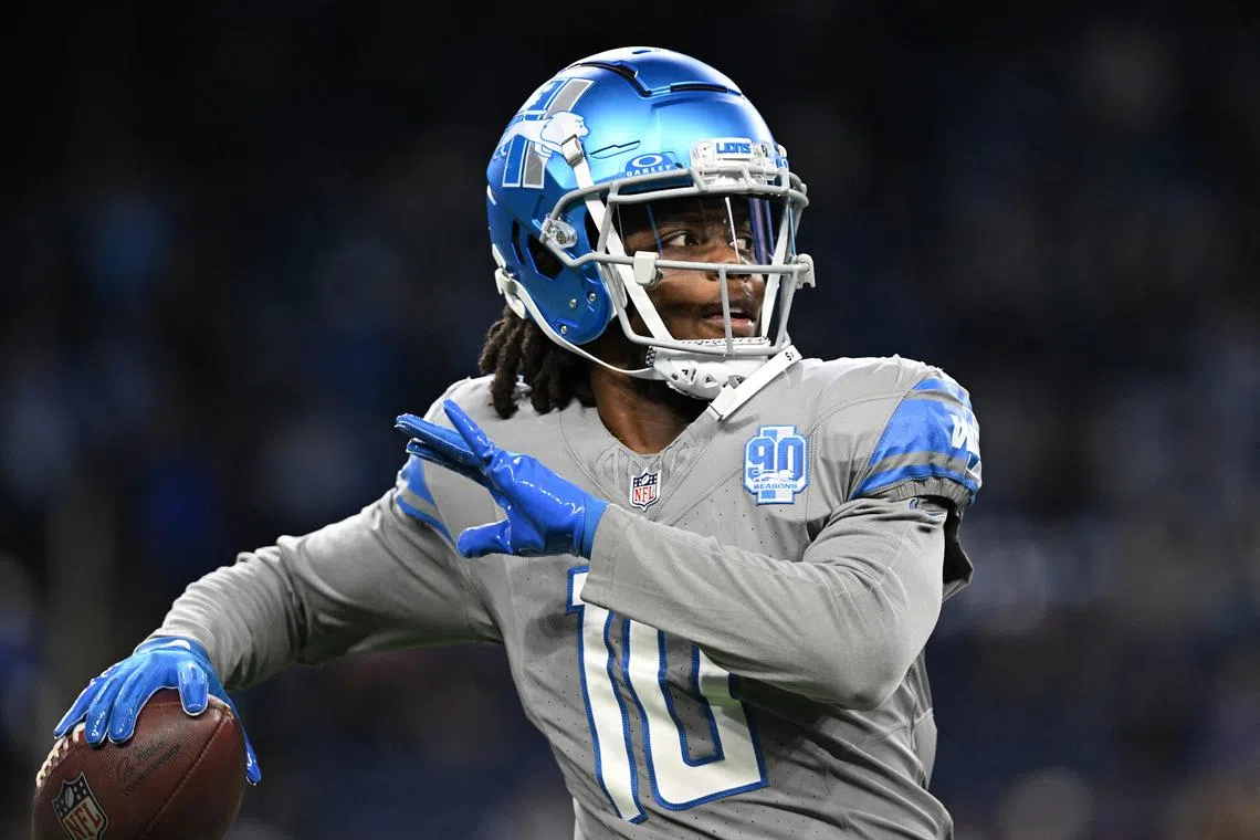FILE PHOTO: Oct 30, 2023; Detroit, Michigan, USA; Detroit Lions quarterback Teddy Bridgewater (10) throws a pass during warmups before the game against the Las Vegas Raiders at Ford Field. Mandatory Credit: Lon Horwedel-USA TODAY Sports/File photo