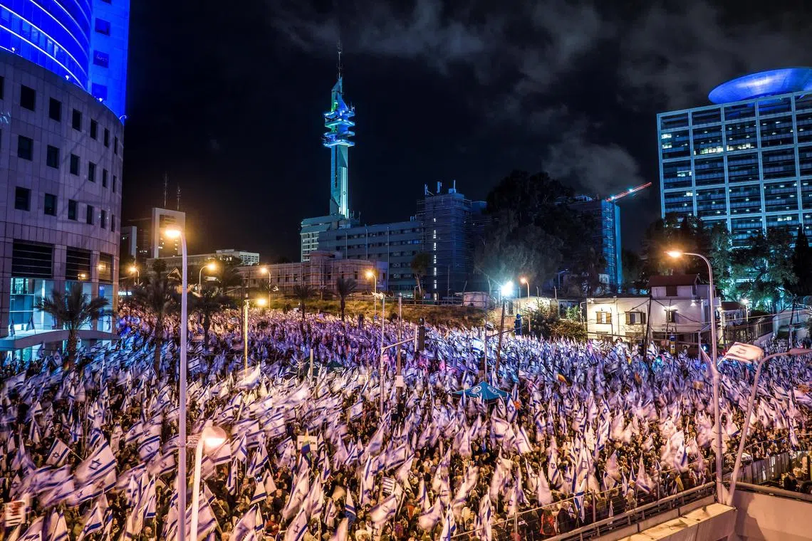 A sea of Israeli flags in Tel Aviv, as people protest against the government's judicial reforms, on March 25, 2023.