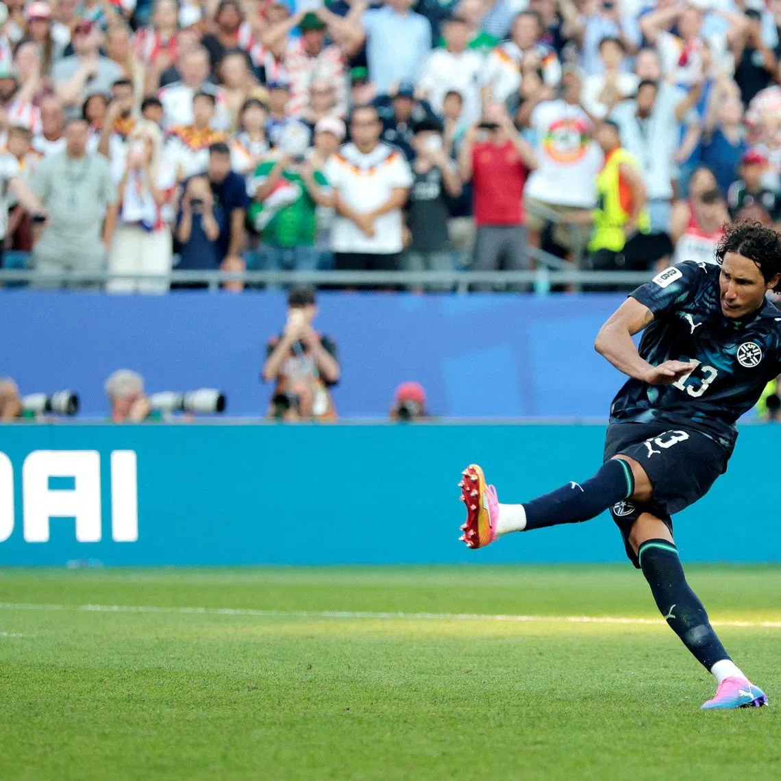 Soccer Football - FIFA World Cup 2026 - Round of 32 - Germany v Paraguay - Boston Stadium, Foxborough, Massachusetts, U.S. - June 29, 2026 Paraguay's Jose Canale scores a penalty during the penalty shootout to win the match and qualify for the round of 16 stage of the world cup REUTERS/Brian Snyder