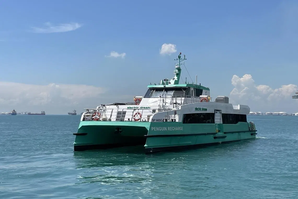 penguin international sustainable and low carbon electric ferry called electric dreams en route pasir panjang ferry terminal and pulau bukom singapore