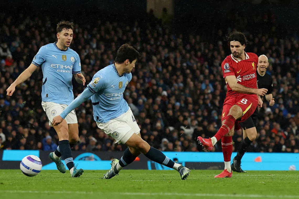 FILE PHOTO: Soccer Football - Premier League - Manchester City v Liverpool - Etihad Stadium, Manchester, Britain - February 23, 2025 Liverpool's Dominik Szoboszlai scores their second goal Action Images via Reuters/Lee Smith/File Photo