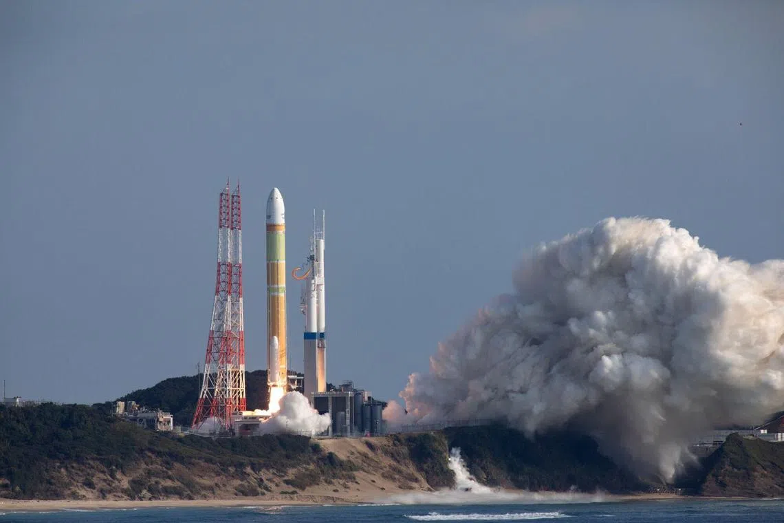 The H3 rocket, co-developed by Japan Aerospace Exploration Agency (Jaxa) and Mitsubishi Heavy Industries, lifts off at Tanegashima Space Center in Kagoshima, Japan, on Feb. 17, 2024.