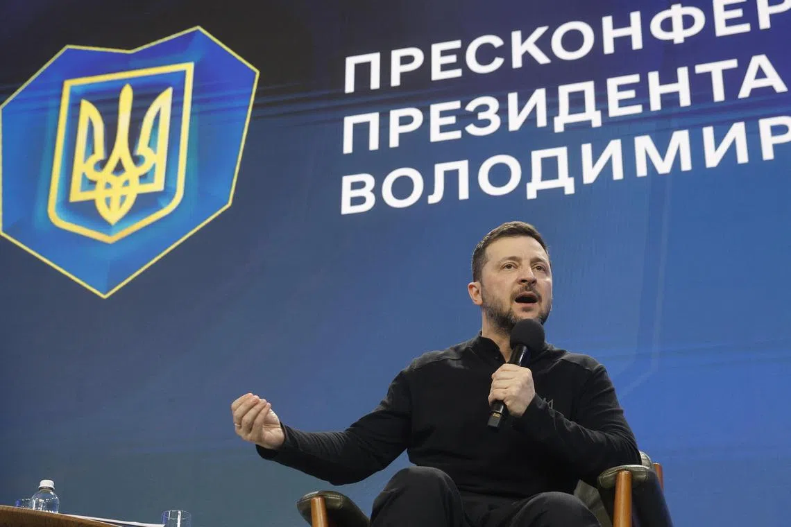 Ukrainian President Volodymyr Zelensky speaking in Kyiv on Feb 23, a day before the third anniversary of Russia’s invasion.