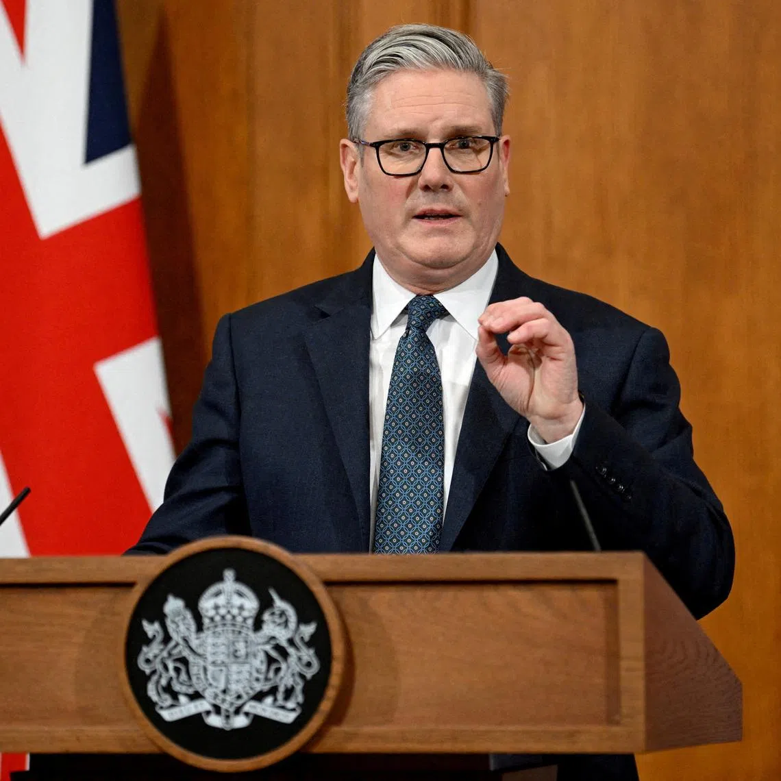 FILE PHOTO: British Prime Minister Keir Starmer gives an update on the situation in the Middle East at Downing Street Briefing Room, in London, Britain, March 05, 2026. Jaimi Joy/Pool via REUTERS/File Photo