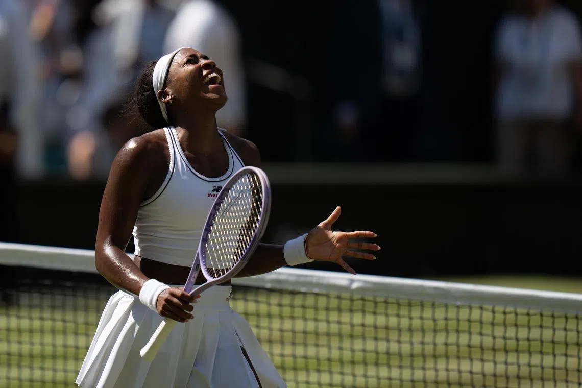 Jul 7, 2026; London, United Kingdom; Coco Gauff of the United States celebrates winning her match against Jessica Pegula of the United States on day nine at All England Lawn Tennis and Croquet Club.  Mandatory Credit: Susan Mullane-Imagn Images
