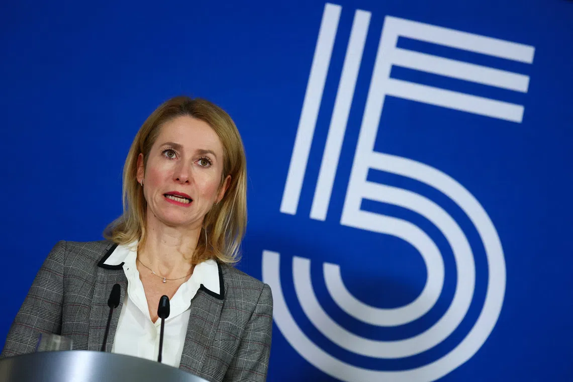 European Union High Representative for Foreign Affairs and Security Policy and European Commission Vice-President Kaja Kallas speaks during a press conference after a European Group of Five (E5) defence ministers meeting, which includes Britain, France, Germany, Italy, and Poland, together with Kallas, to discuss additional aid for Ukraine, in Berlin, Germany, November 14, 2025. REUTERS/Christian Mang