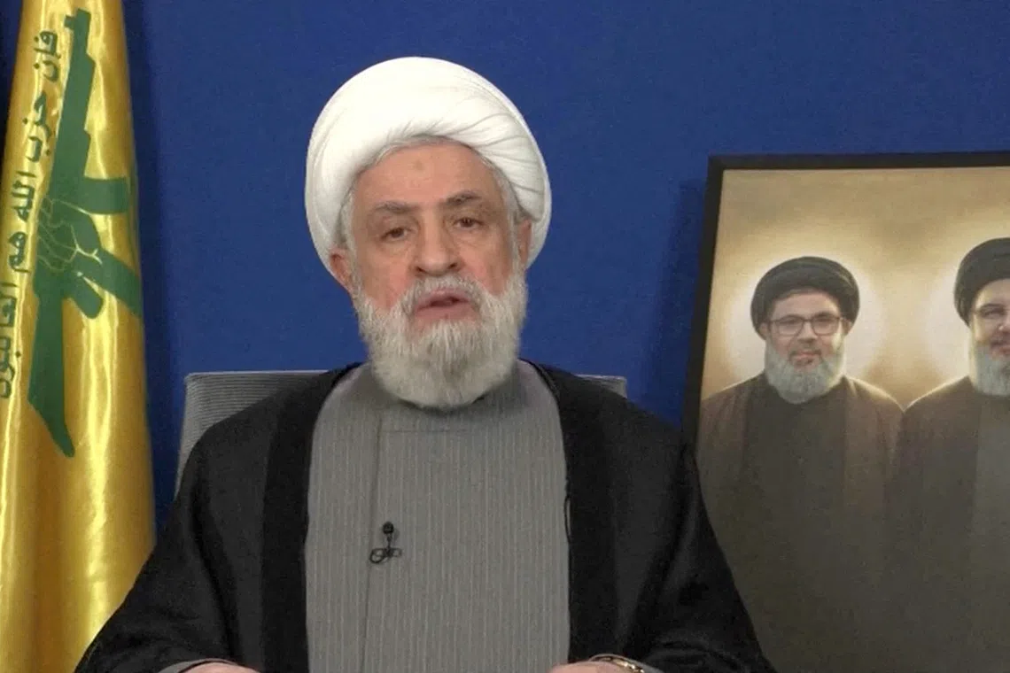 FILE PHOTO: Lebanon's Hezbollah leader Sheikh Naim Qassem delivers a speech from an unknown location, November 20, 2024 in this still image from video. REUTERS TV/Al Manar TV via REUTERS/File Photo