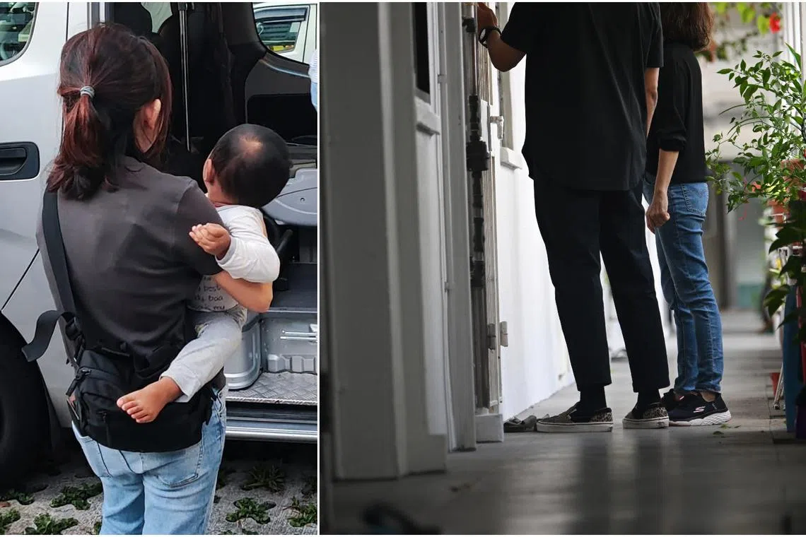 A baby (left) is carried by an inspector after his mother was arrested for consuming drugs in 2024, and CNB officers re-enact a raid.