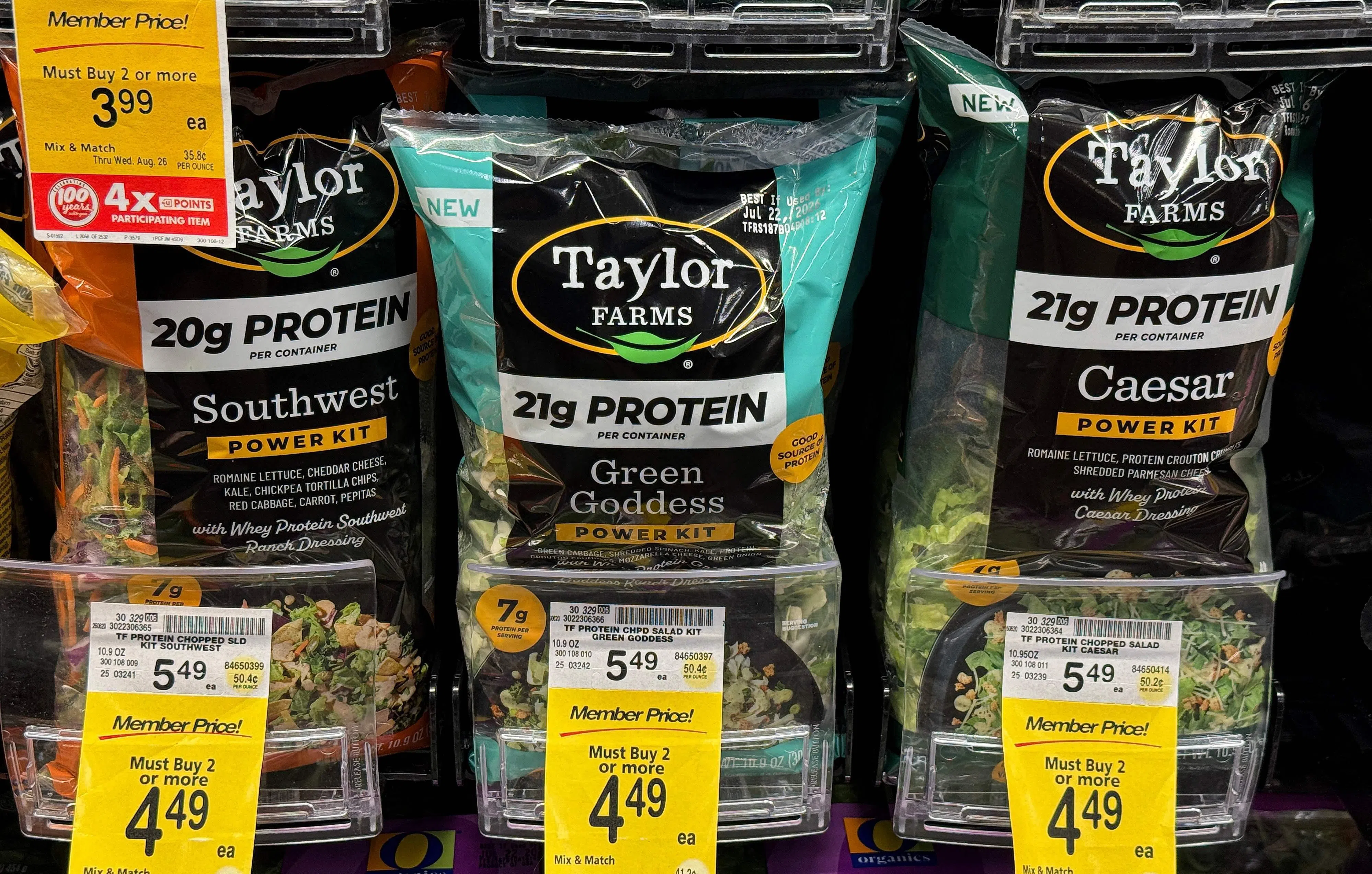 KINGS BEACH, CALIFORNIA - JULY 16: Packages of Taylor Farms salad greens are displayed at a Safeway store on July 16, 2026 in Kings Beach, California. Federal health officials are investigating whether shredded iceberg lettuce supplied by California-based Taylor Farms was the source of a nationwide Cyclospora outbreak that has sickened more than 1,600 people in 34 states, though no definitive link has been confirmed.   Justin Sullivan/Getty Images/AFP (Photo by JUSTIN SULLIVAN / GETTY IMAGES NORTH AMERICA / Getty Images via AFP)