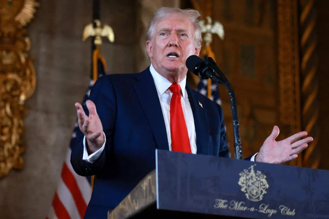 PALM BEACH, FLORIDA - AUGUST 08: Republican presidential candidate former President Donald Trump speaks during a press conference at Mr. Trump's Mar-a-Lago estate on August 08, 2024, in Palm Beach, Florida. Polls currently show a close race between Trump and Democratic presidential candidate, U.S. Vice President Kamala Harris.   Joe Raedle/Getty Images/AFP (Photo by JOE RAEDLE / GETTY IMAGES NORTH AMERICA / Getty Images via AFP)