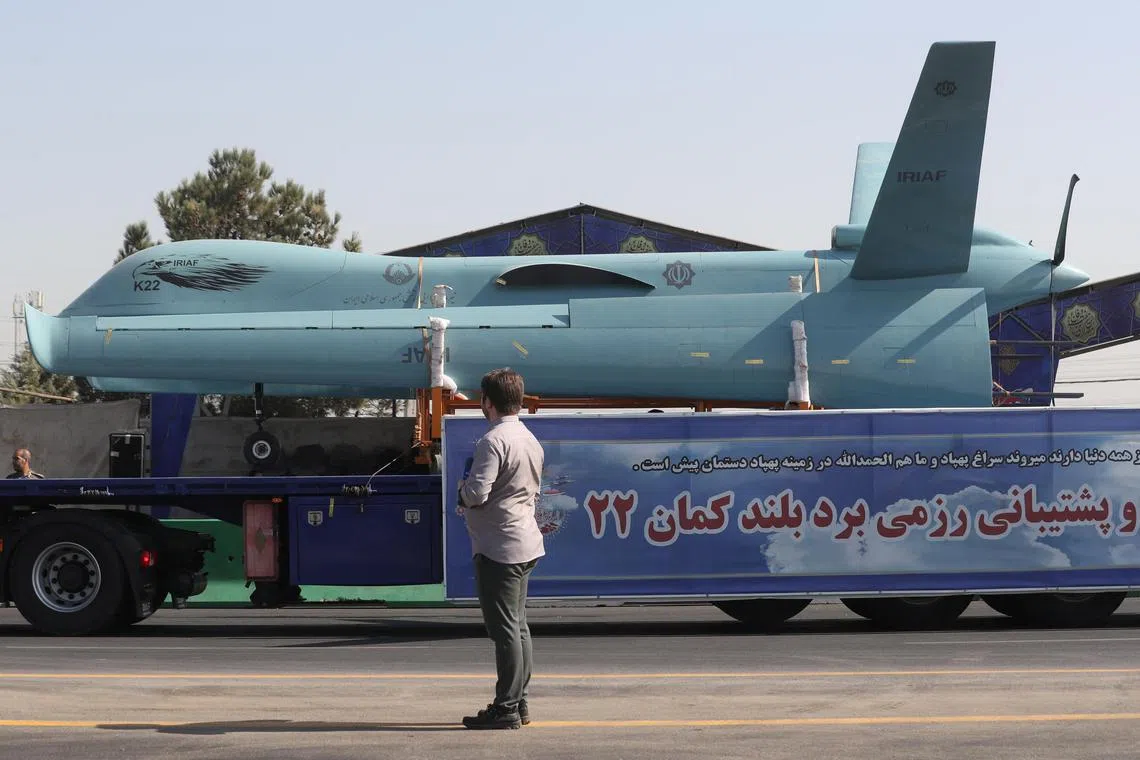 An Iranian drone is seen during the annual military parade in Tehran, Iran, September 22, 2023. Majid Asgaripour/WANA (West Asia News Agency) via REUTERS ATTENTION EDITORS - THIS IMAGE HAS BEEN SUPPLIED BY A THIRD PARTY.   ATTENTION EDITORS - THIS PICTURE WAS PROVIDED BY A THIRD PARTY.