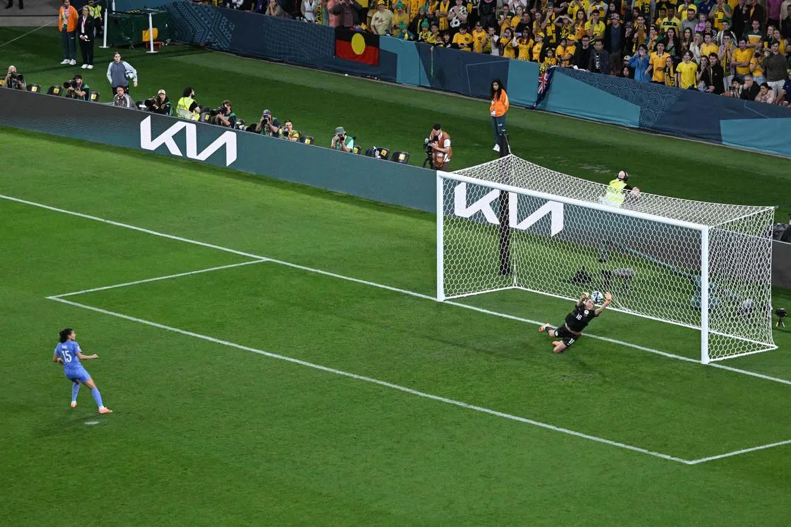 Australia goalkeeper Mackenzie Arnold saving a shot from France midfielder Kenza Dali during a penalty shoot-out in the Women's World Cup quarter-final at Brisbane Stadium on Saturday.