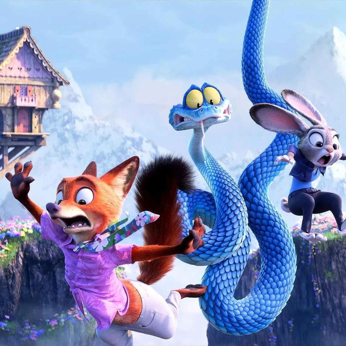 From left: : Nick Wilde (voiced by Jason Bateman), Gary De'Snake (voiced by Ke Huy Quan) and Judy Hopps (voiced by Ginnifer Goodwin) in Zootopia 2.